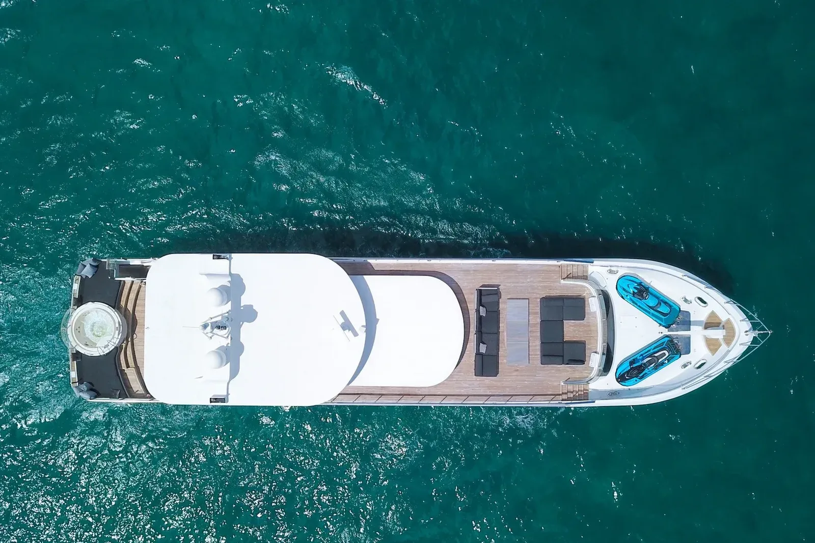 The 112 foot WHS Marine yacht from above on open water