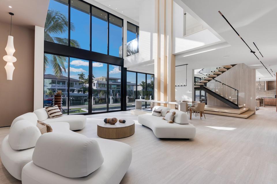 Double-height living room with canal views, Villa Sia, Las Olas Isles, Fort Lauderdale luxury rental