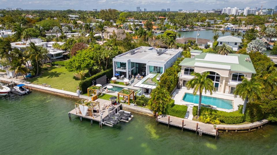 Aerial view of a bayfront Miami villa