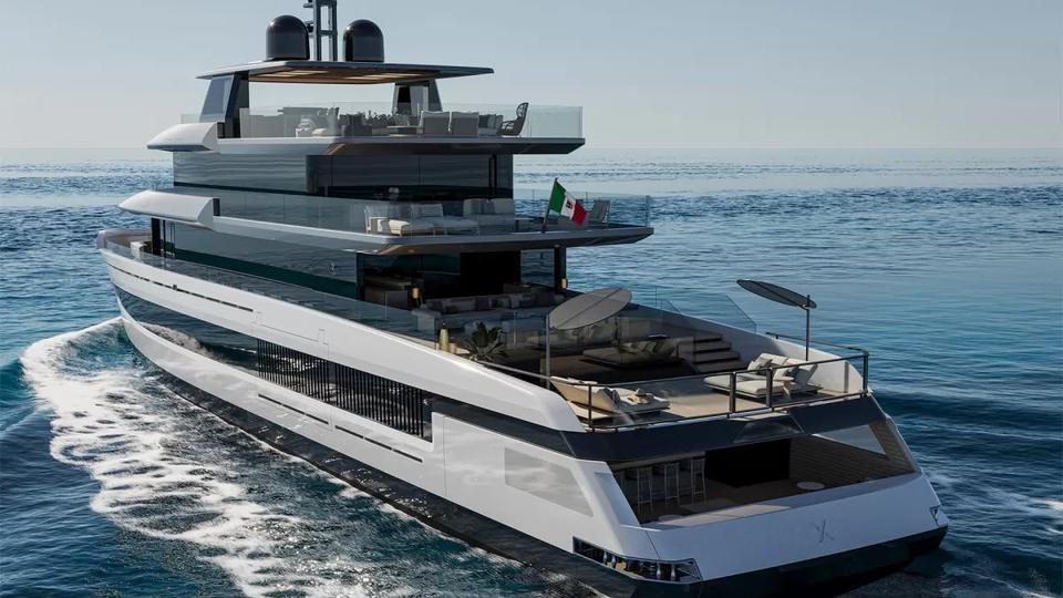 Explorer mega yacht with multiple decks on open water off Miami