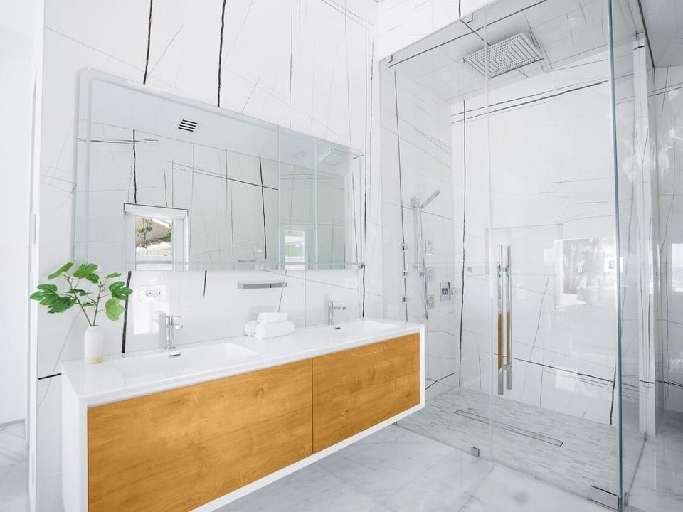 Bathroom with wood vanity and glass shower, Beach Bungalow, Miami