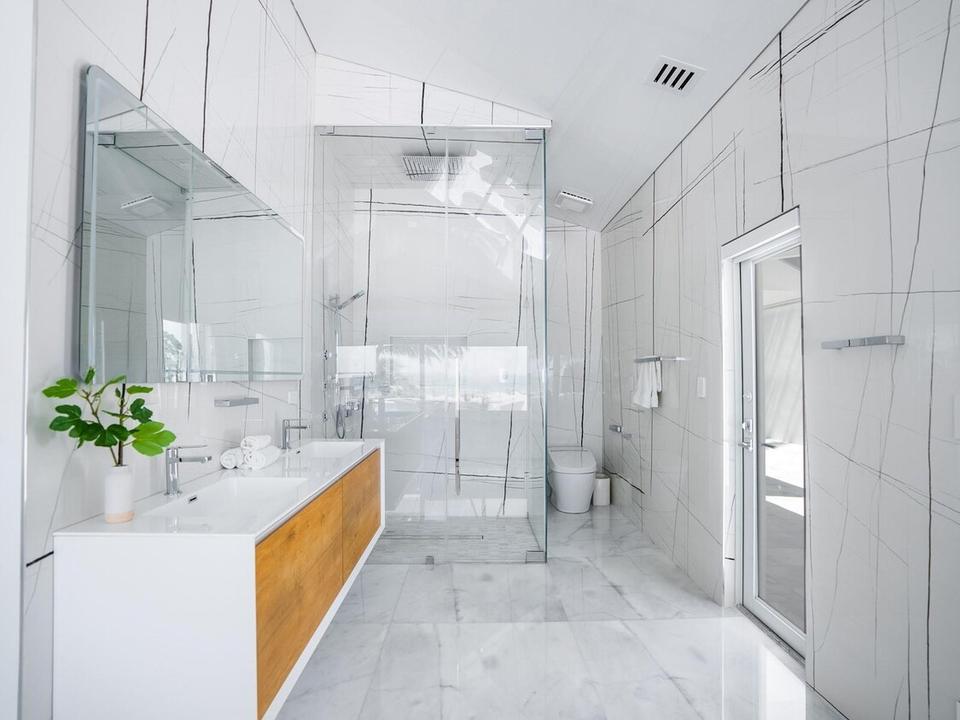 Bathroom with walk-in glass shower, Beach Bungalow, Miami