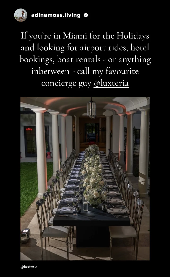 Long candlelit dinner table under a colonnade by Luxteria, shared by @adinamoss.living: If you’re in Miami for the Holidays and looking for airport rides, hotel bookings, boat rentals - or anything inbetween - call my favourite concierge guy @luxteria