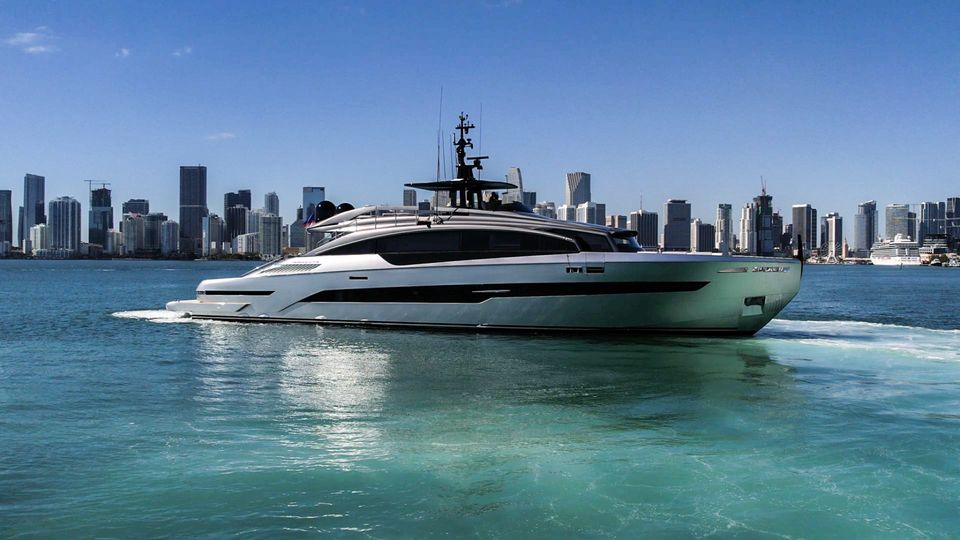 The 116 foot Pershing GTX cruising past the Miami skyline