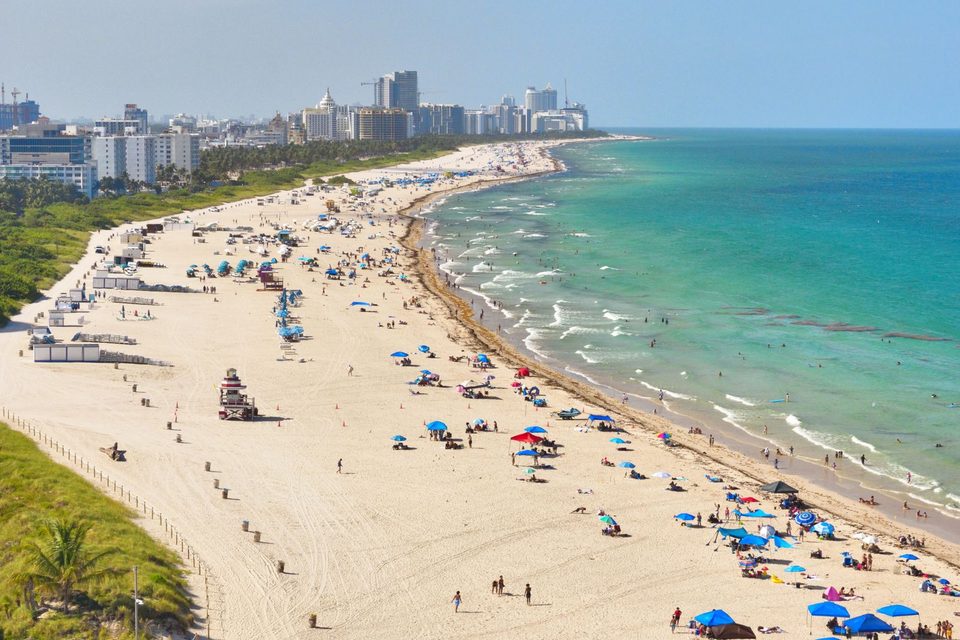 Aerial view of Miami Beach, the sand and the turquoise Atlantic