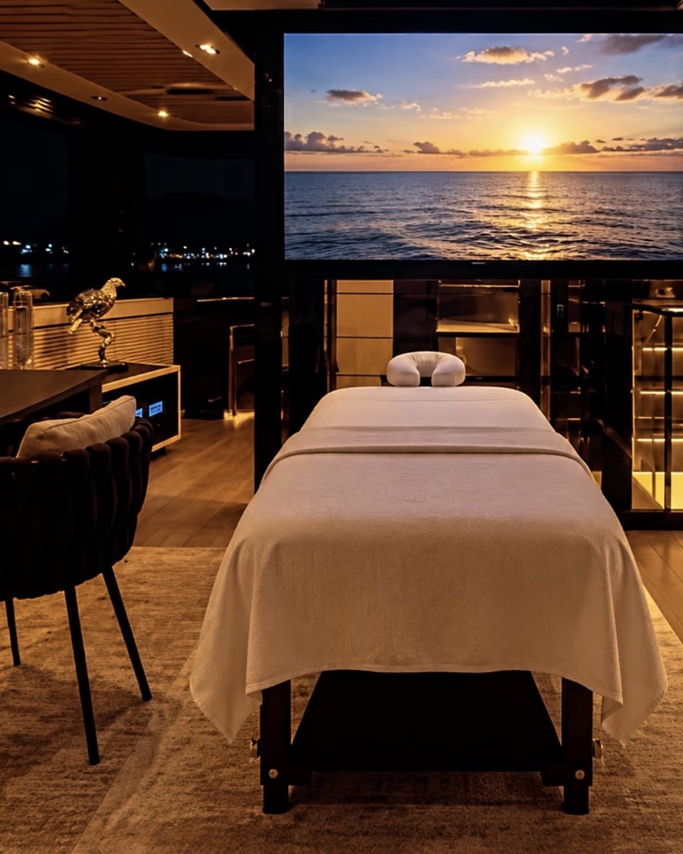Massage table set up on a yacht at sunset, with the ocean beyond the windows