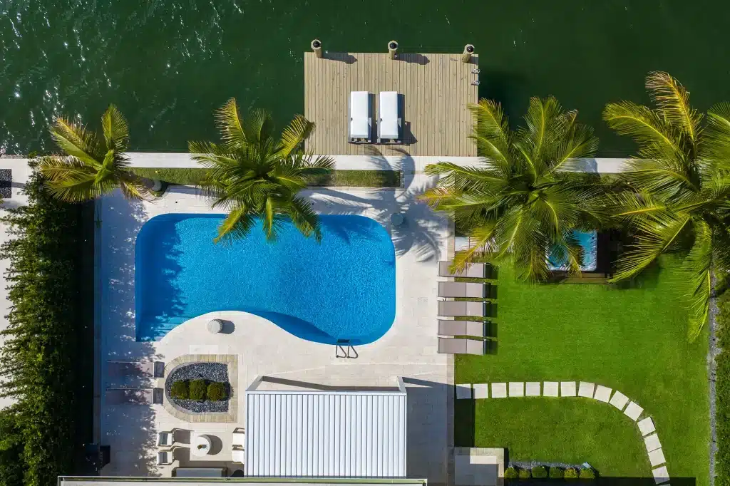Aerial view of the pool, lawn and dock, Villa Venetian, Venetian Islands, Miami Beach