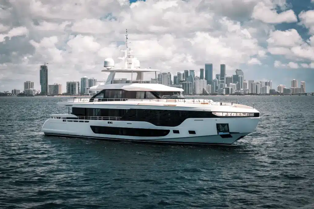 Azimut 118 yacht on Biscayne Bay with the Miami skyline behind