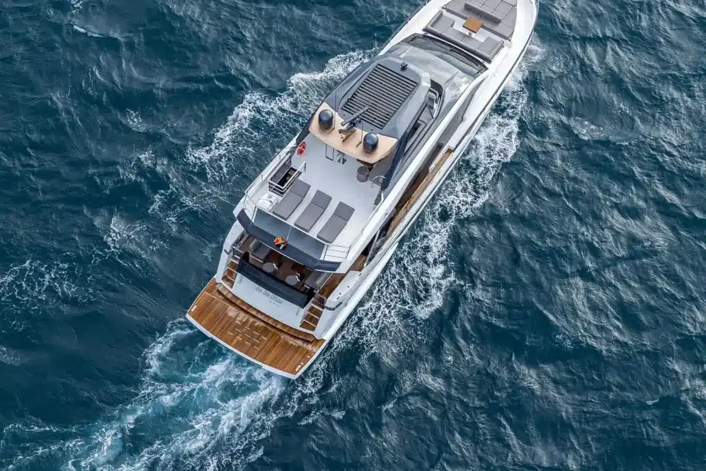 The 85 foot Astondoa yacht cruising off Miami, seen from above