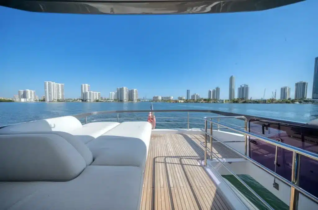 Lounge deck of the Azimut 68 Fly yacht facing the Miami skyline