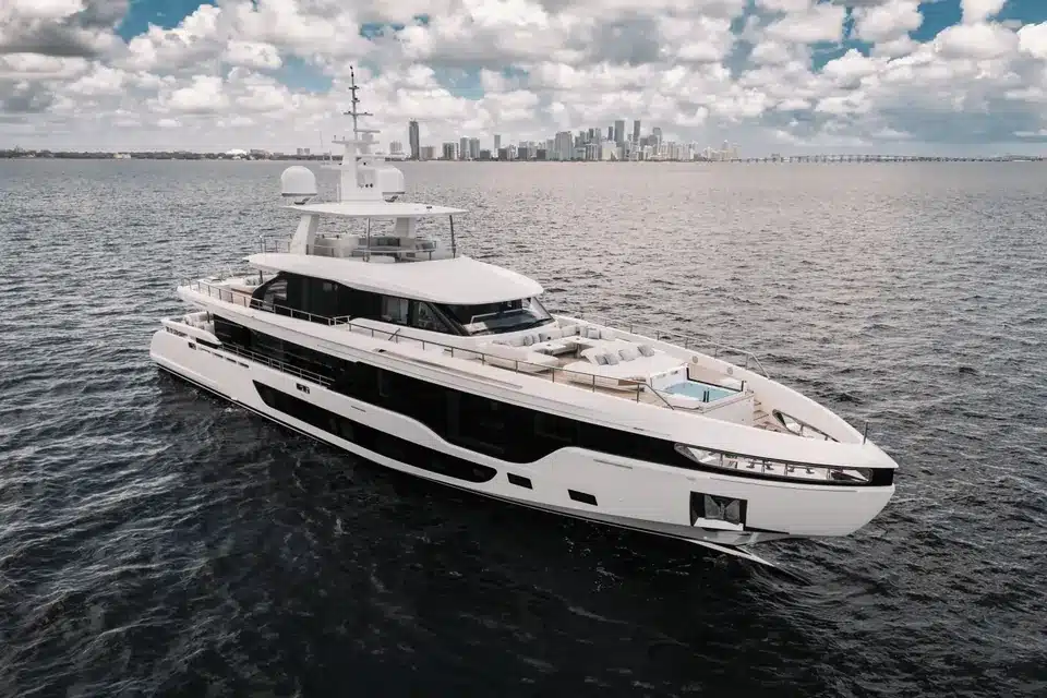 Azimut 118 yacht on Biscayne Bay with the downtown Miami skyline behind
