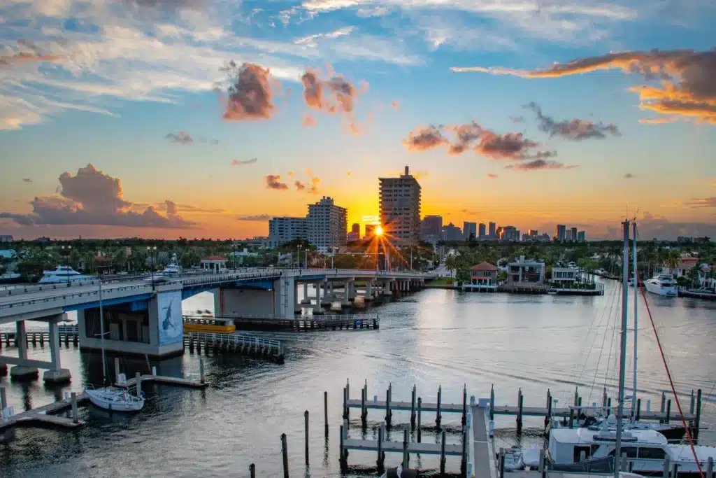 Sunset over the Las Olas bridge, marina and skyline in Fort Lauderdale