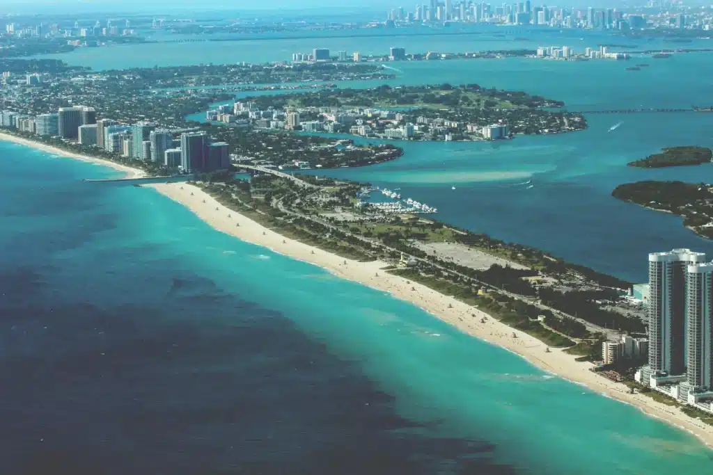 Aerial view of Haulover Beach Park and Haulover Inlet looking south toward Bal Harbour and Biscayne Bay, a short drive south of Golden Beach, Florida