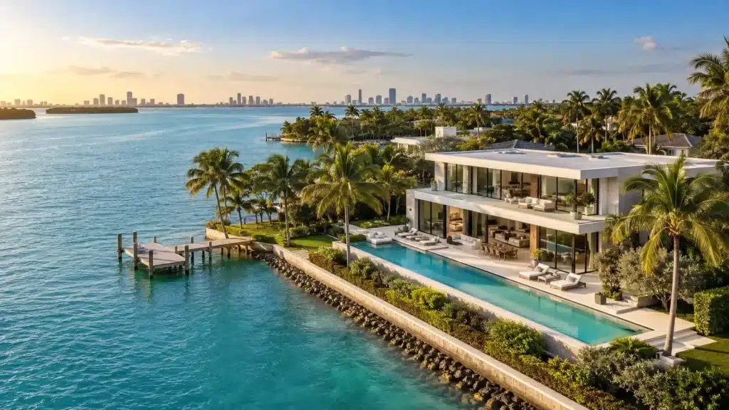 Aerial view of a waterfront villa with a private dock on Biscayne Bay at sunset, Miami skyline behind