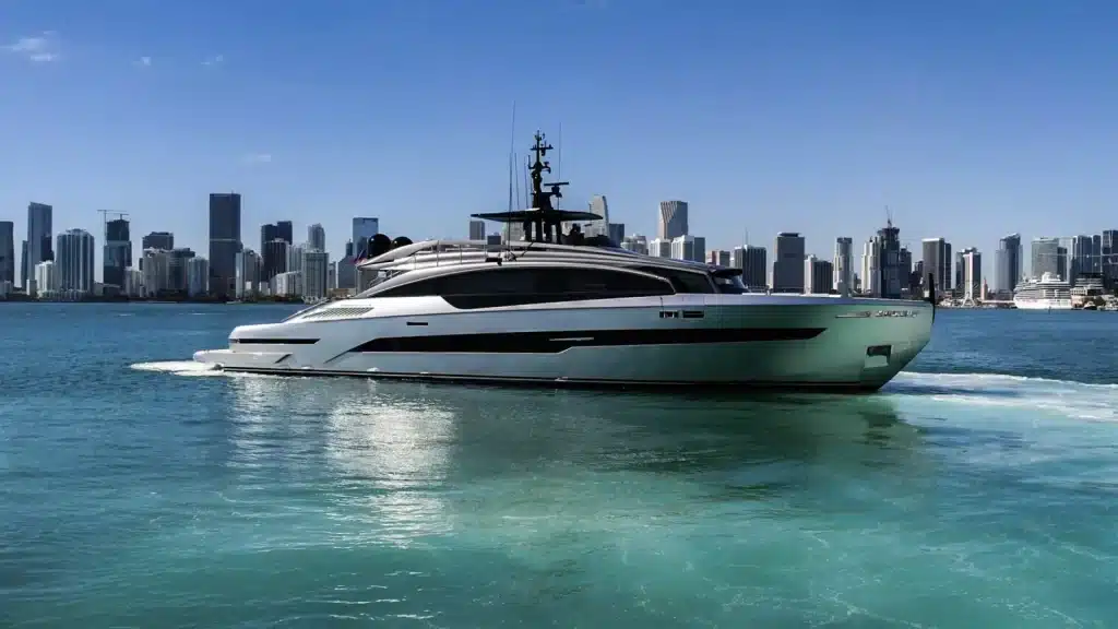 The Pershing 116 yacht on Biscayne Bay with the Miami skyline behind