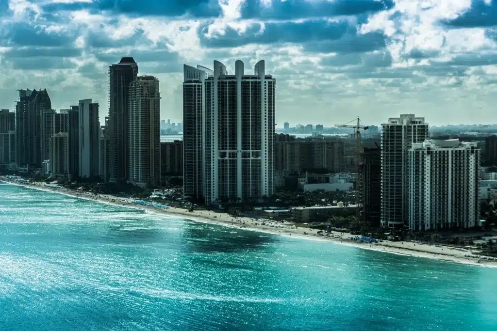 Aerial view of the oceanfront skyline and beach in Sunny Isles Beach, Miami