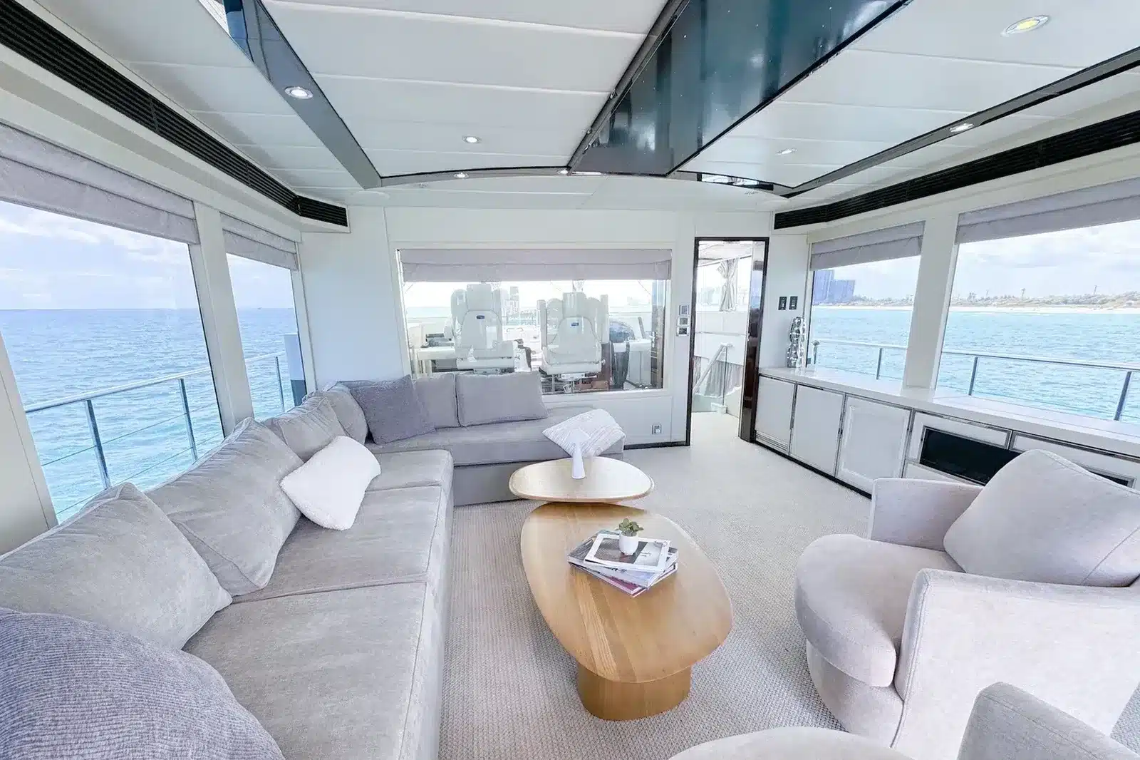 Main salon lounge inside the 112 foot WHS Marine yacht in Miami